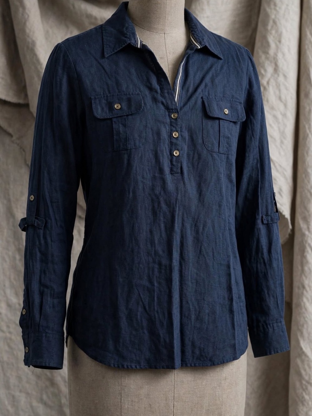 Jones New York Signature Navy 100% Linen Shirt XL Coastal Popover Pocket